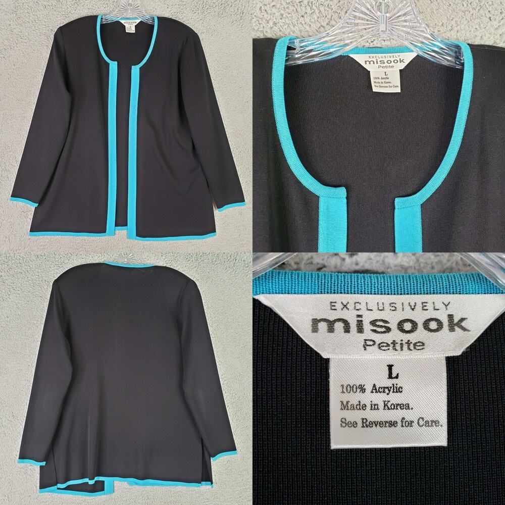 Exclusively Misook Cardigan Knit Women’s Size Large Petite Black Open Front